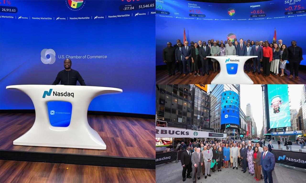 Three-photo collage showing a participant at the Nasdaq podium and roundtable delegates inside Nasdaq and in Times Square